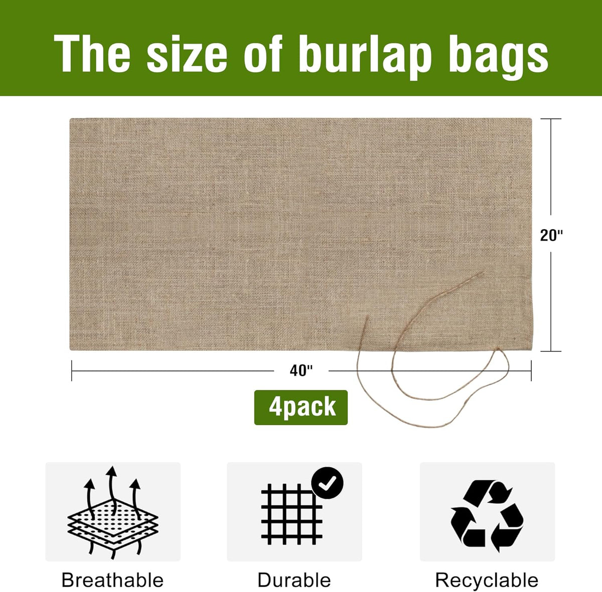 Agfabric Burlap Sacks 4pack 20"×40" Burlap Storage Bag with Strings, 100% Jute Fabric, Reusable