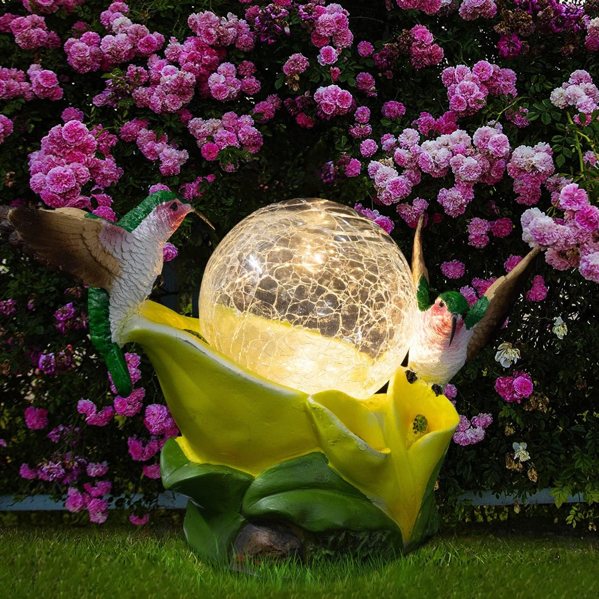 Solar Garden Statue Hummingbird Figurine - Hummingbird Flower Carry Magic Orb Solar LED Lights for