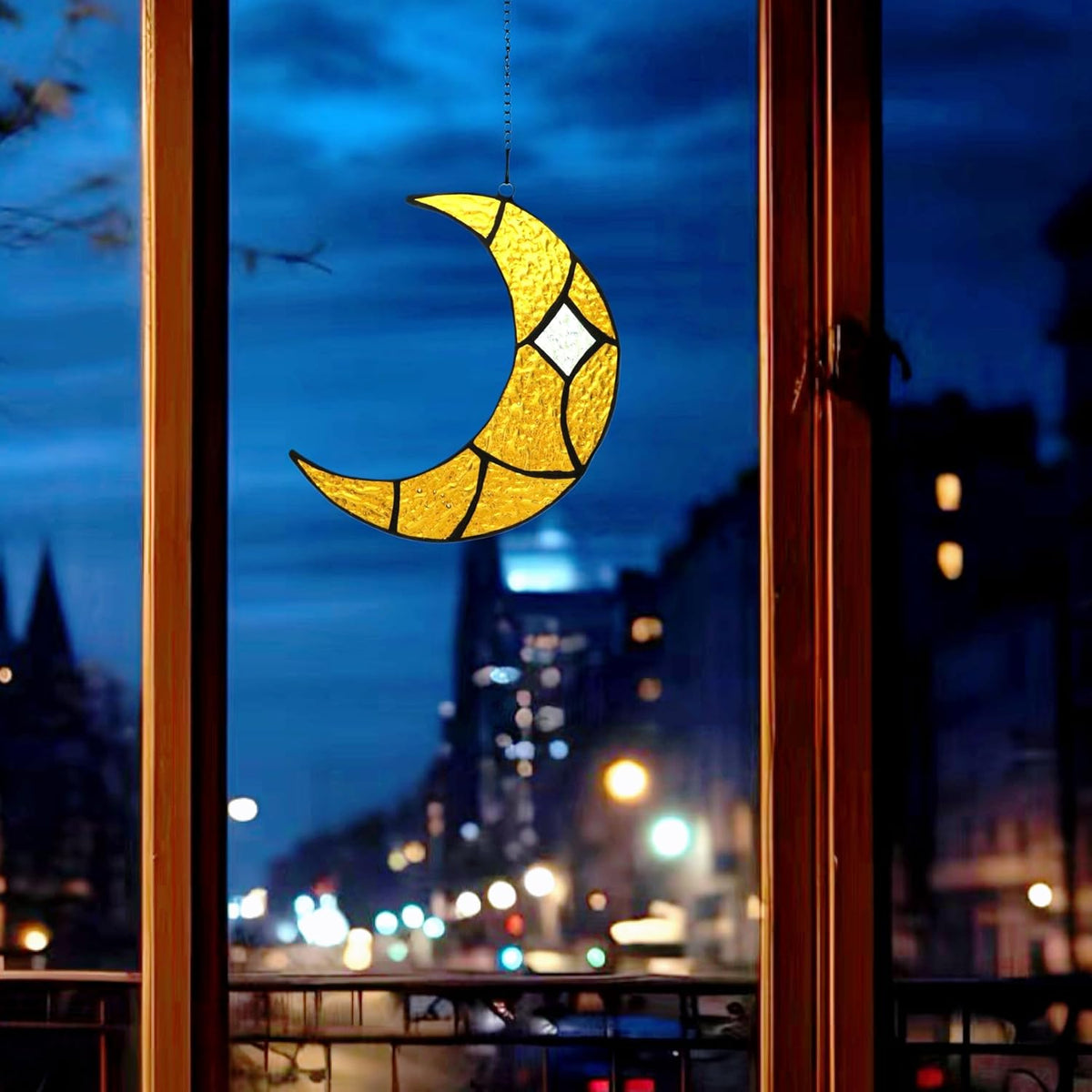 Moon Stained Glass Window Hanging Suncatchers，Handcrafted Art Glass Crescent Moon Decorations