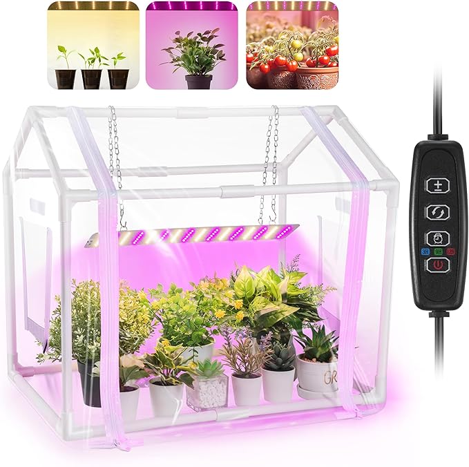 Meonum Mini Greenhouse with Grow Light for Indoor, 23.6 x15.7 x19.6 Tabletop Small Greenhouse Kit