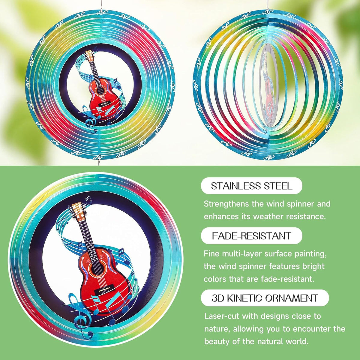 Guitar Wind Spinners Garden Yard Decor Gift for Women Men, 12 Inch Outdoor Metal 3D Wind Spinner