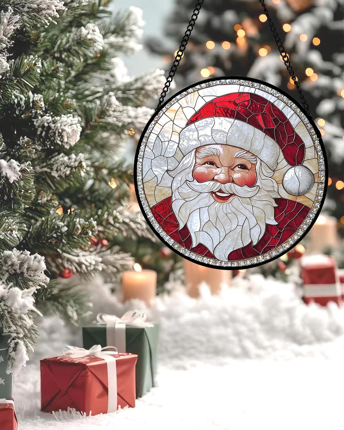 Stained Glass Window Hanging - Santa Claus with White Beard Suncatcher for Doors Home Christmas