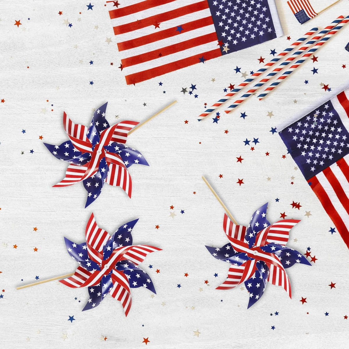 HOOSUN 12Pcs American Flag Patriotic Pinwheels for Yard and Garden,Red White and Blue Pinwheels