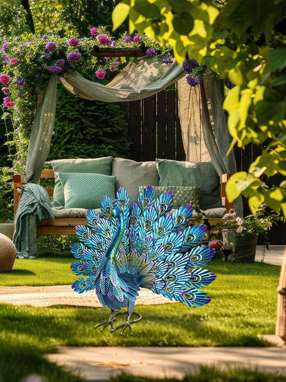 YEAHOME Garden Decor Outdoor Statues, 22.4" Large Metal Peacock Standing Yard Art, Blue Green Bird