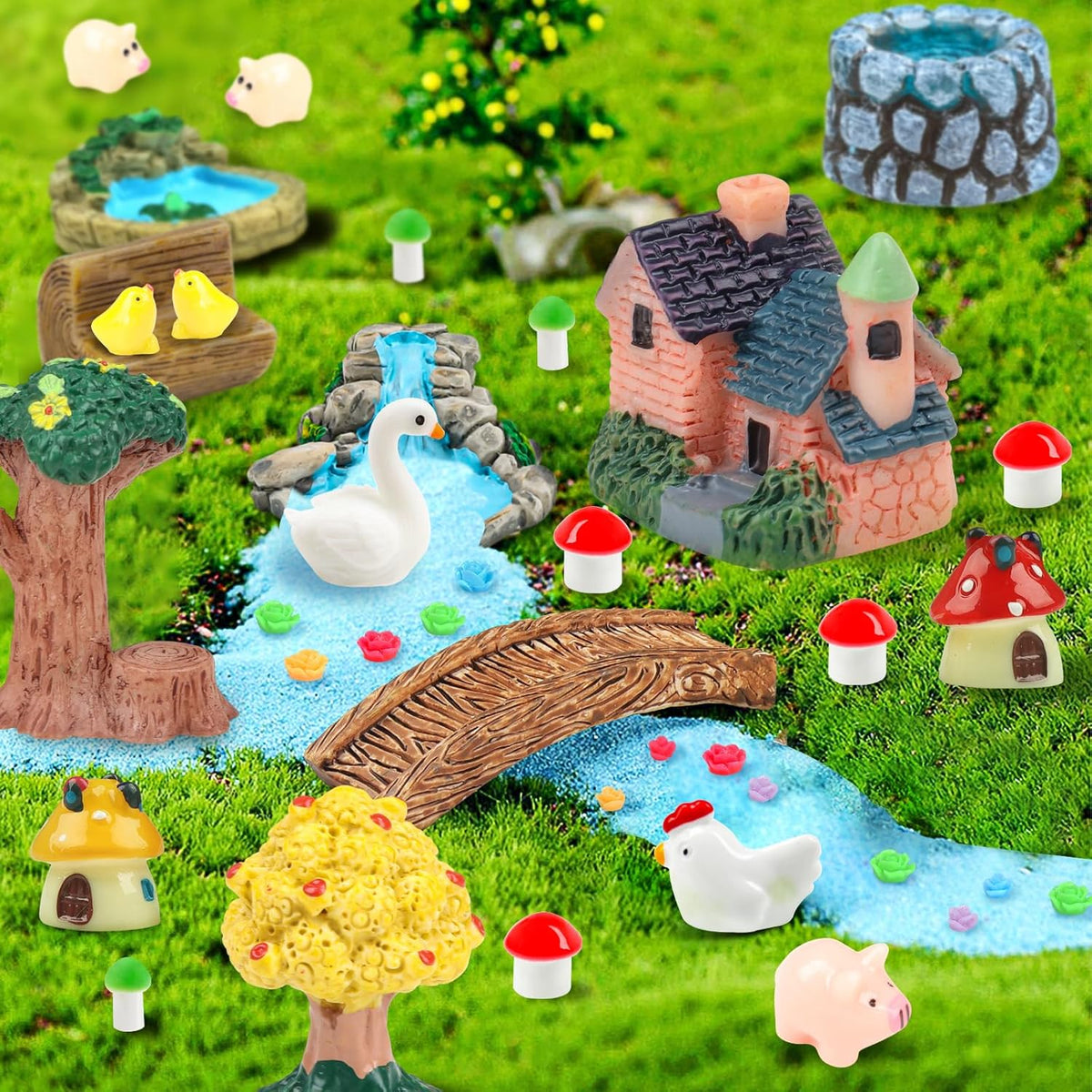 50 Pcs Fairy Garden Miniatures Accessories Bridge House Landscape Water Well Animal Fence Tree Sand