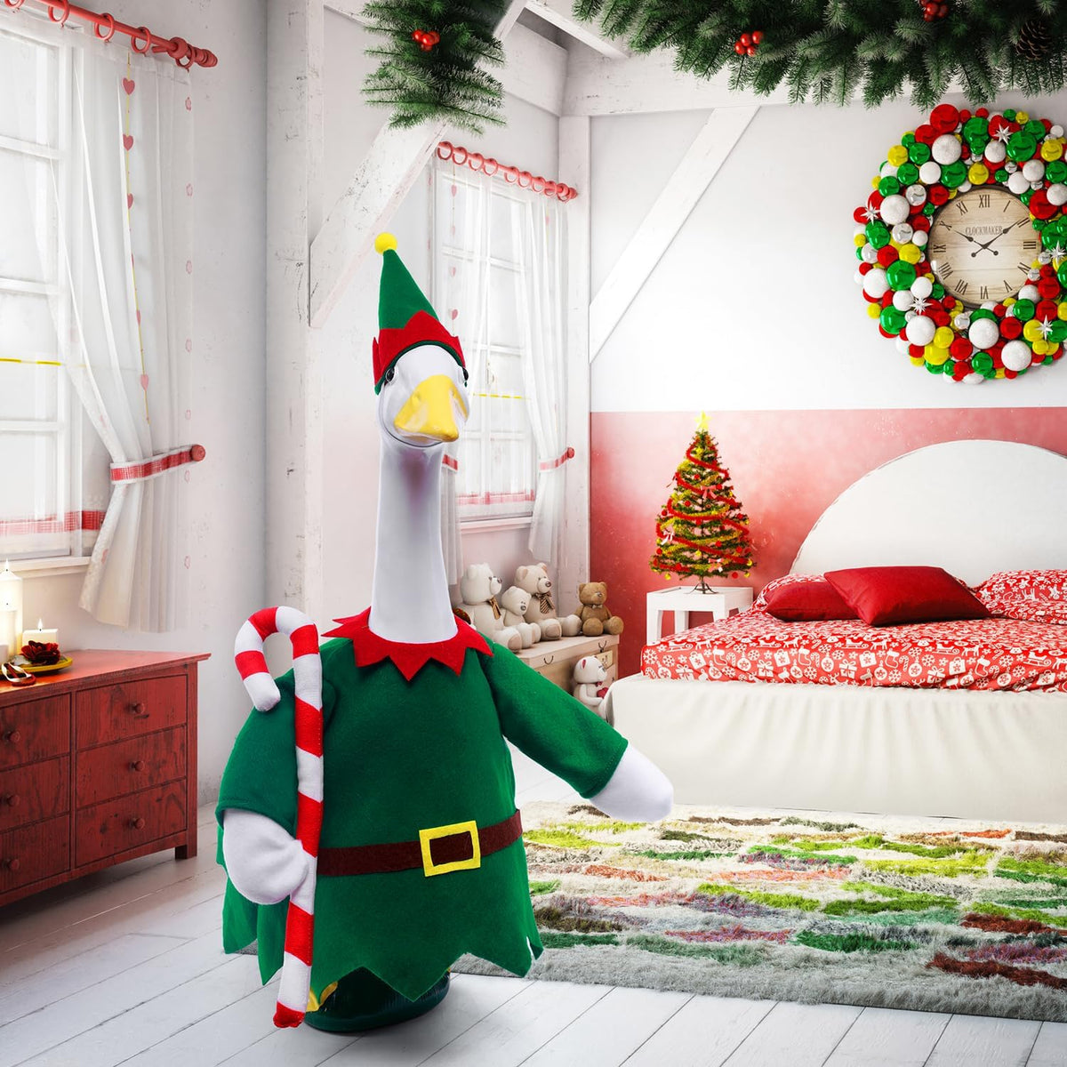 Christmas Toy Soldier Style Porch Goose Outfits,2 Pcs/Set Goose Clothes with Pointed Hat and Candy
