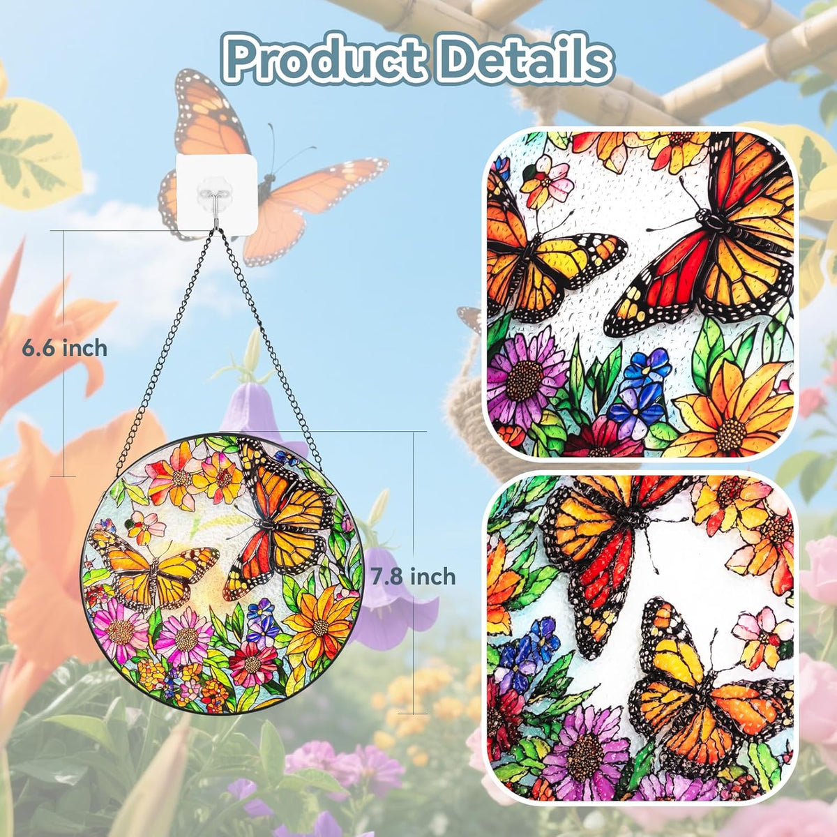 Suncatcher Stained Glass Window Hanging - Butterfly Glass Panel with Metal Chain and Hooks Handmade