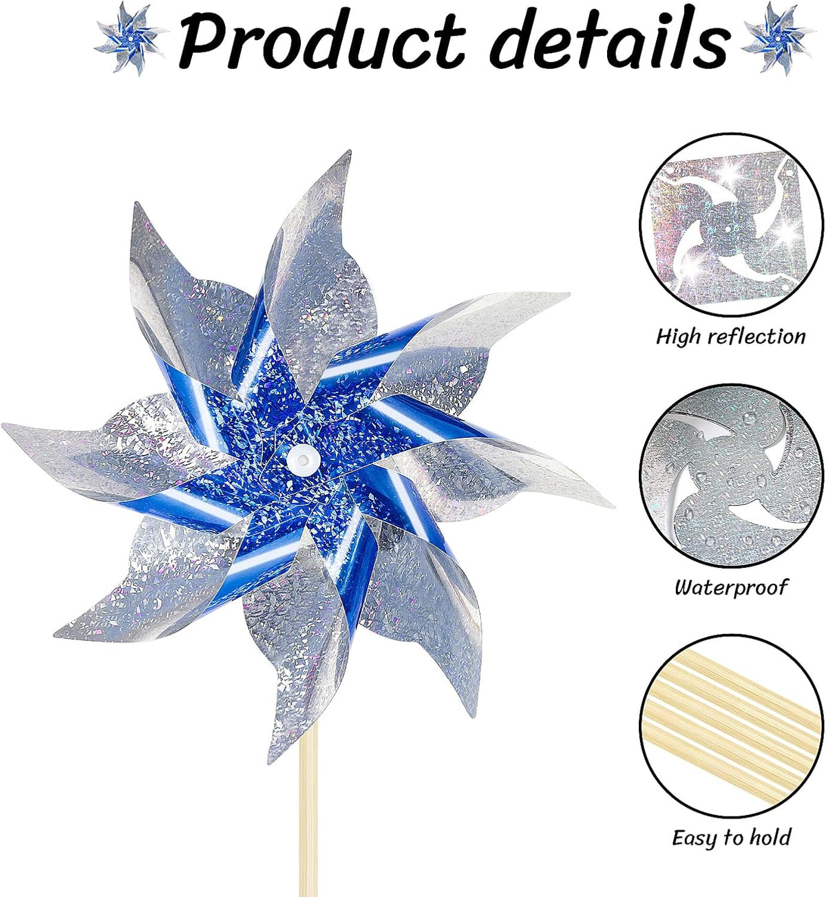 10 Pack Reflective Pinwheels for Yard and Garden, Wind Spinners Outdoor Bird Scare Devices, Sparkly
