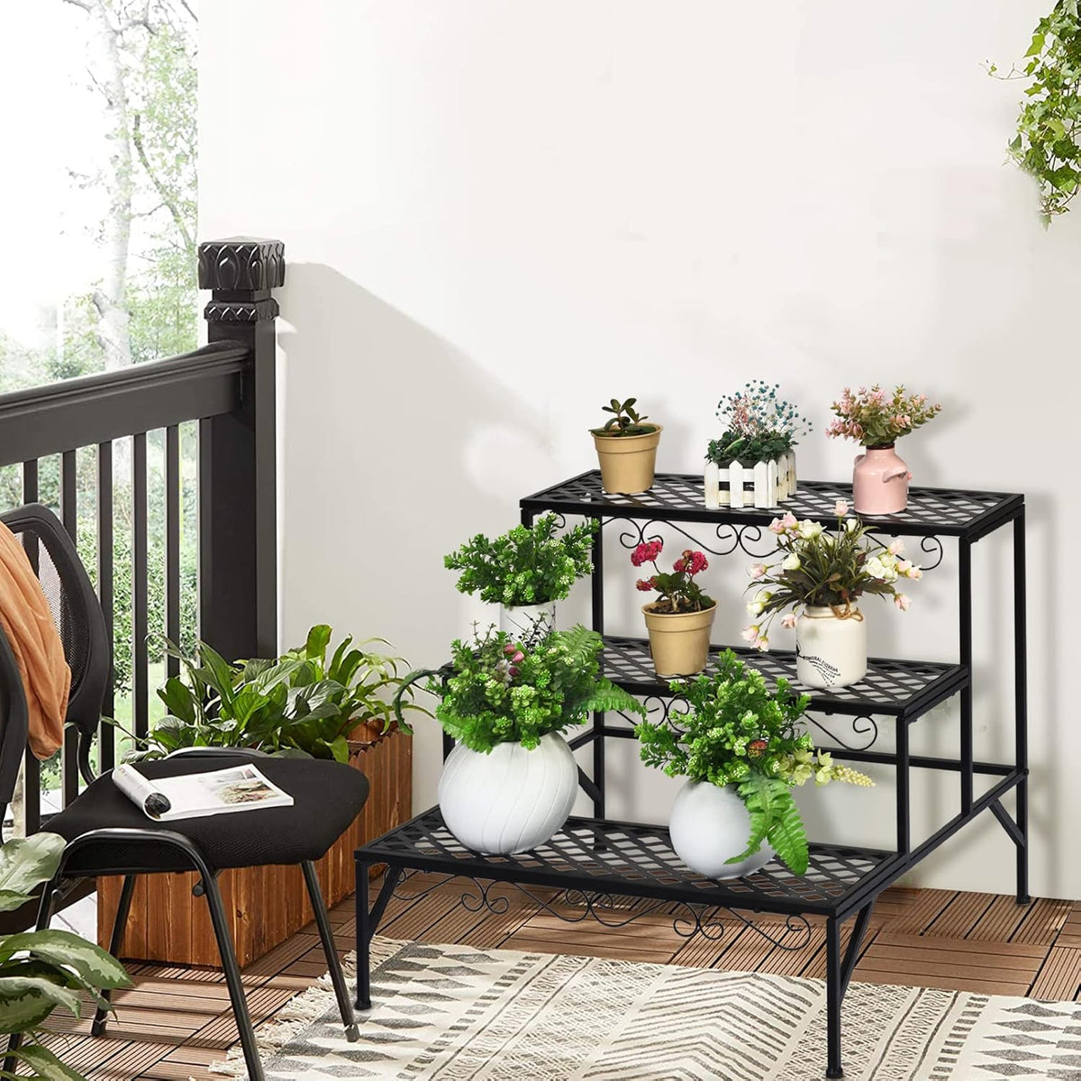 Giantex 3 Tiers Black Metal Plant Stand, Metal Plant Shelf Stands w/ 6-9 Flower Potted Capacity