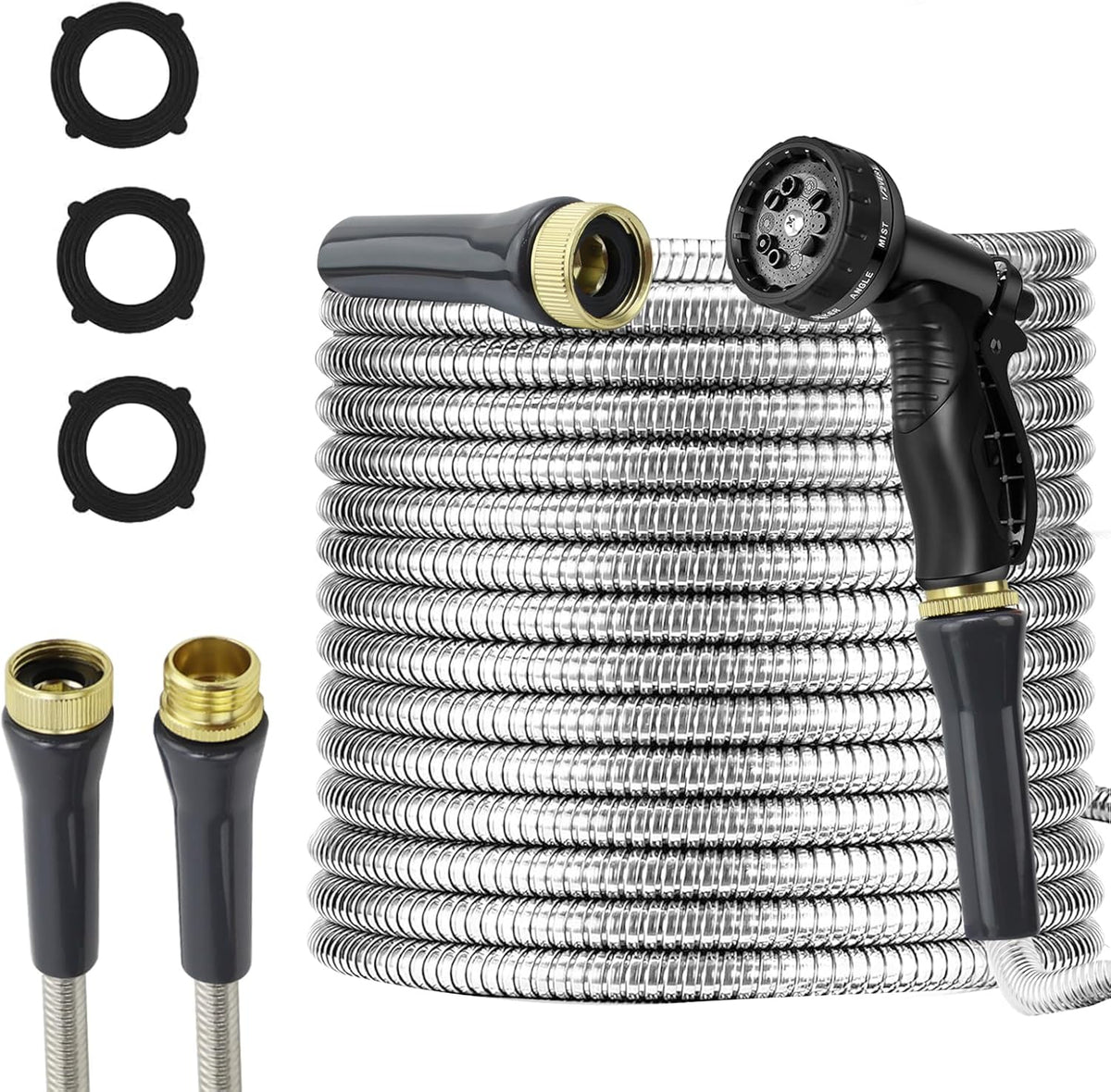 Stainless Steel Garden Hose 25ft Heavy Duty Metal Water Hoses with 10 Function Water Hose Nozzles