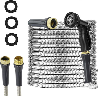 Stainless Steel Garden Hose 25ft Heavy Duty Metal Water Hoses with 10 Function Water Hose Nozzles