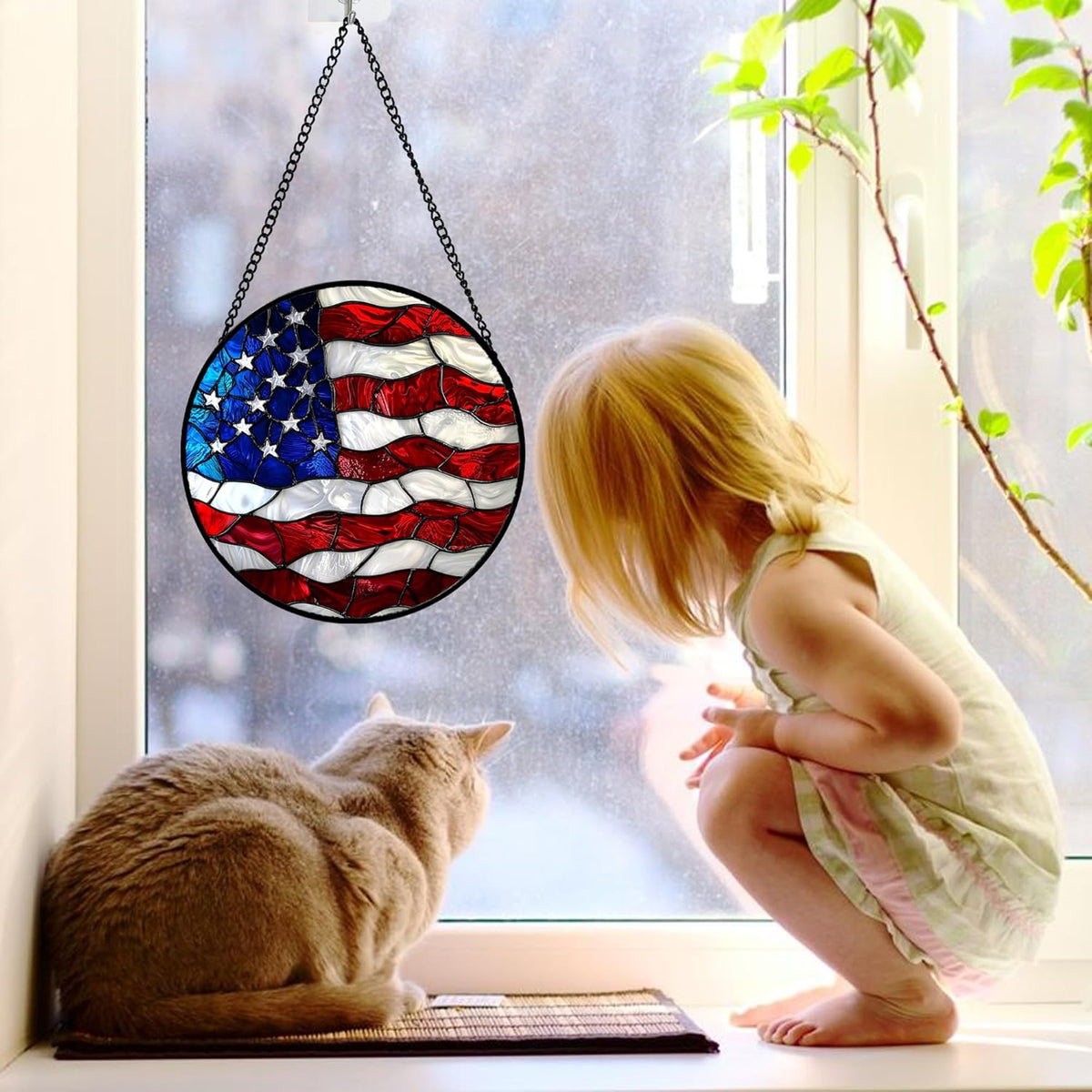 Stained Glass Window Hanging, Blue, White Red National Flag Pattern Sun Catchers Diamond Glass