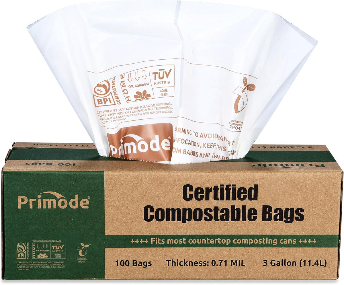 Primode Compostable Bags, 3 Gallon Food Scraps Yard Waste Bags, 100 Count, Extra Thick 0.71 Mil.