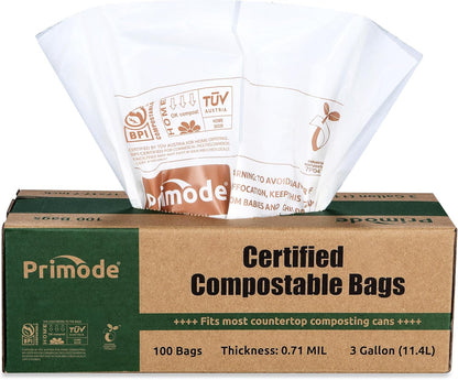 Primode Compostable Bags, 3 Gallon Food Scraps Yard Waste Bags, 100 Count, Extra Thick 0.71 Mil.
