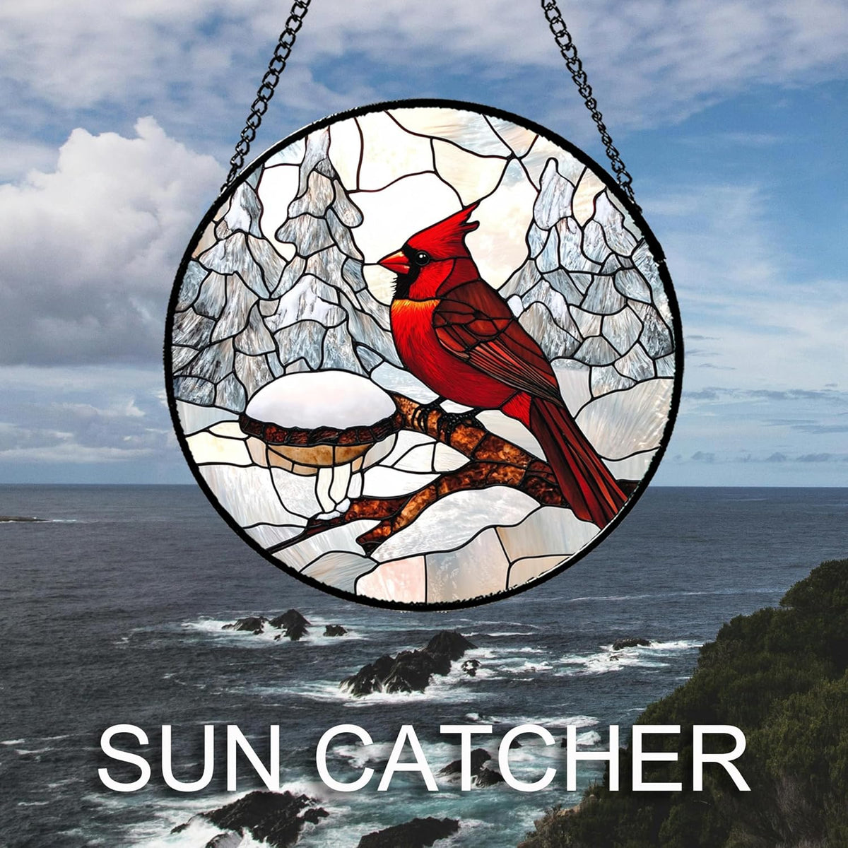 Stained Glass Window Hanging Cardinal Bird Winter Snow Scene Large 15" - Suncatcher Door Garden