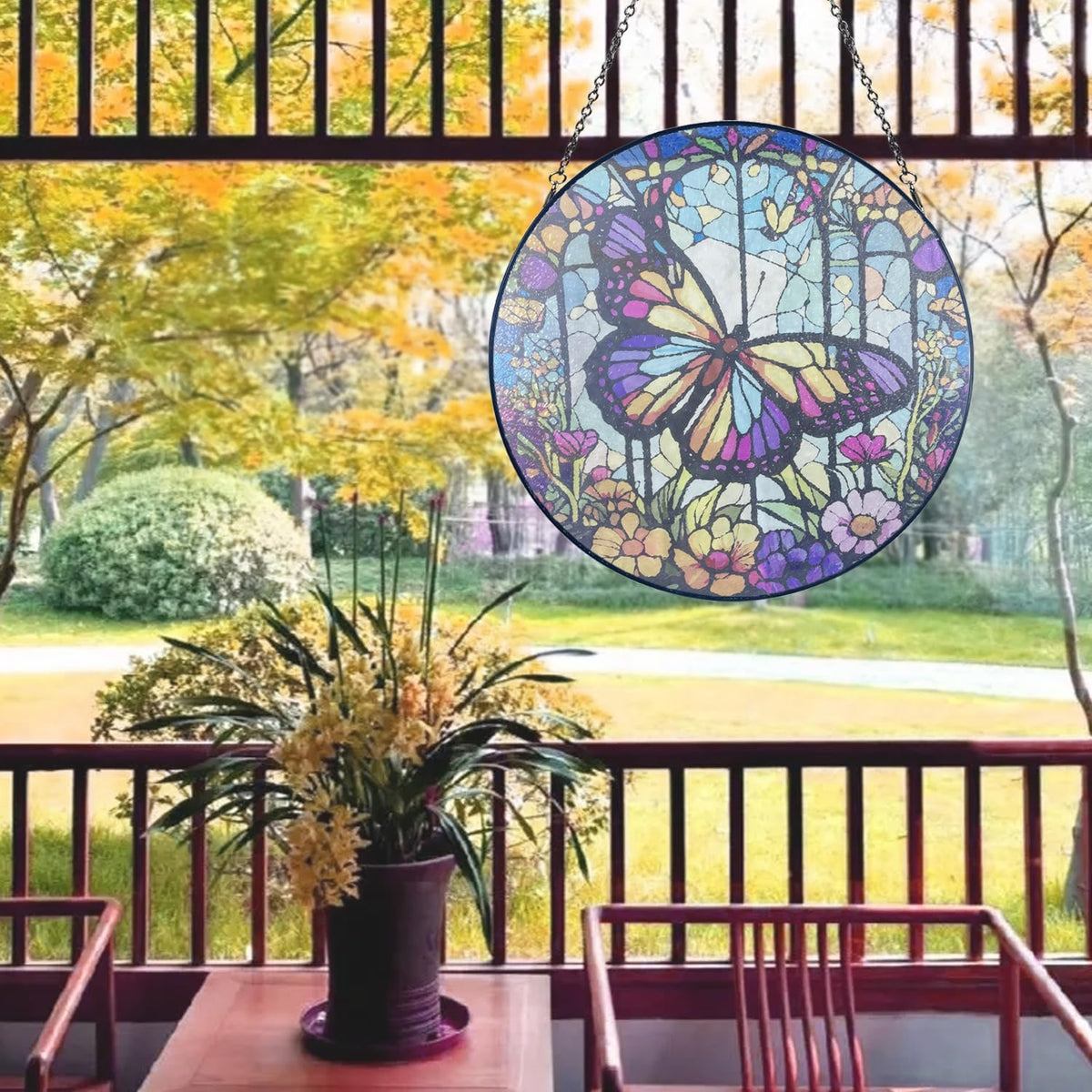 12''Stained Glass,Large Butterfly Decor Window Hanging,Handmade for Window Decoration,Painted