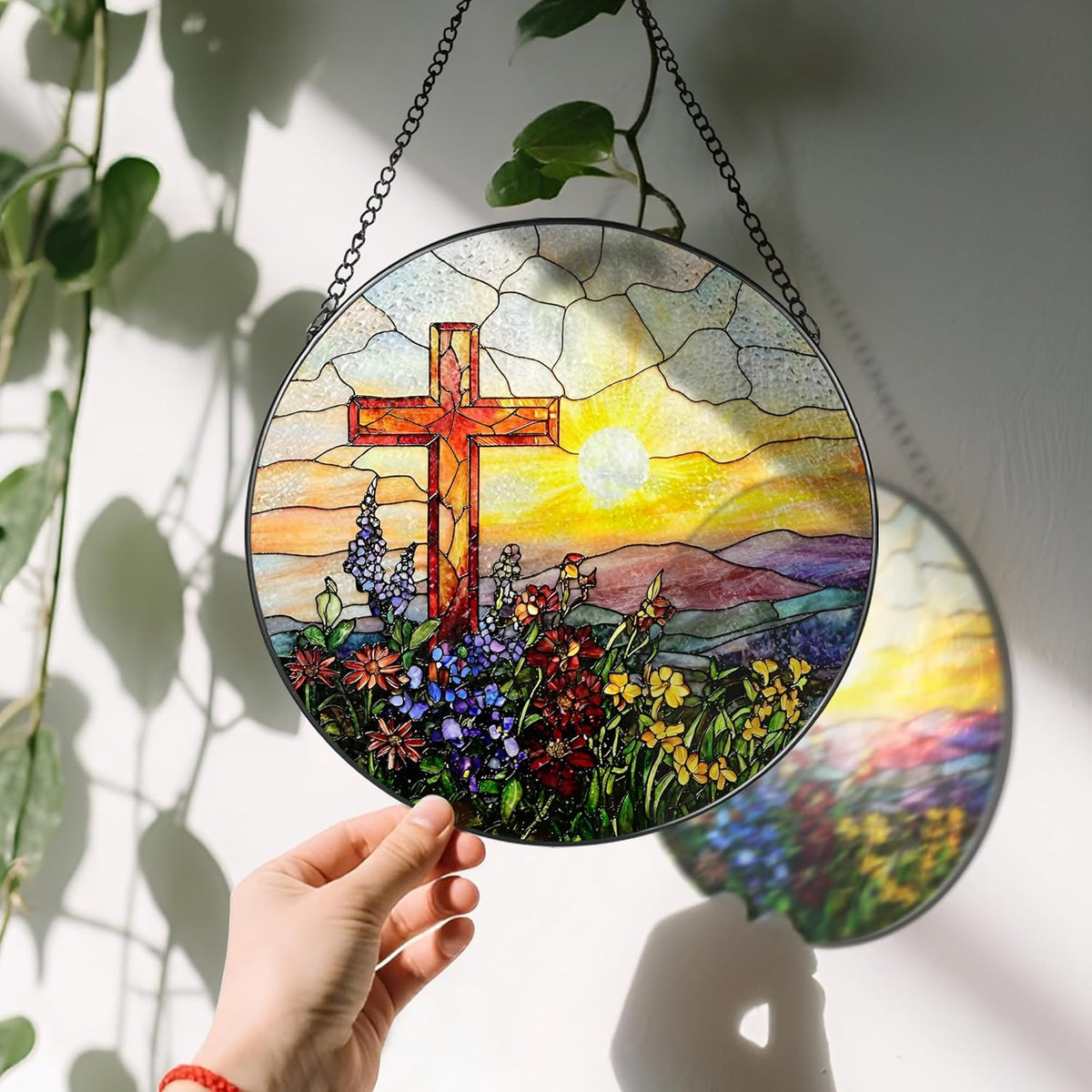 8 Inch Cross Sunset Suncatchers for Windows Hanging, Indoor Decor 8 Inch, Stained Glass Gift
