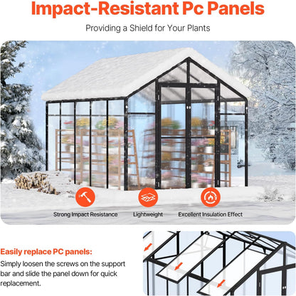 VEVOR Polycarbonate Garden Greenhouse, 8 x 10 Ft, with 2 Ventilation Windows, Hinged Door, Pavilion