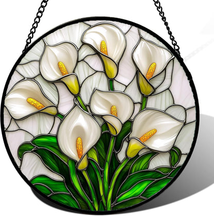 Stained Glass Window Hanging, White Calla Lily Suncatcher Diamond Glass Panel Hangings Flowers Sun