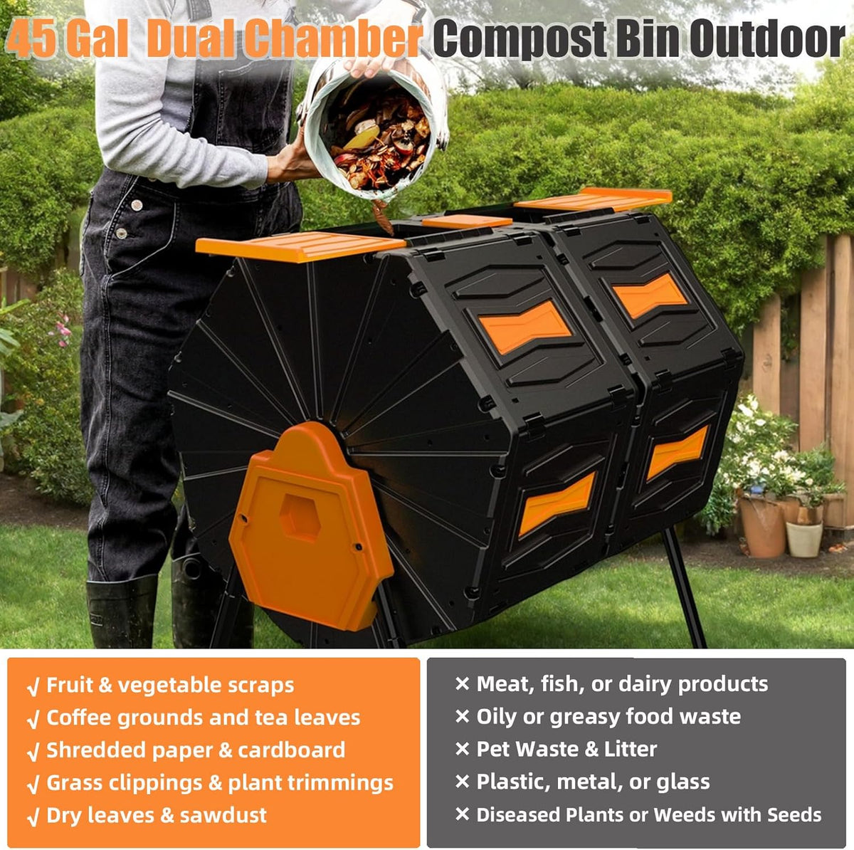 Compost Bin, 45 Gallon Dual Chamber Composter Tumbler, 360 Rotating Compost Bin Outdoor BPA-Free