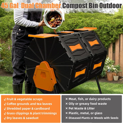 Compost Bin, 45 Gallon Dual Chamber Composter Tumbler, 360 Rotating Compost Bin Outdoor BPA-Free
