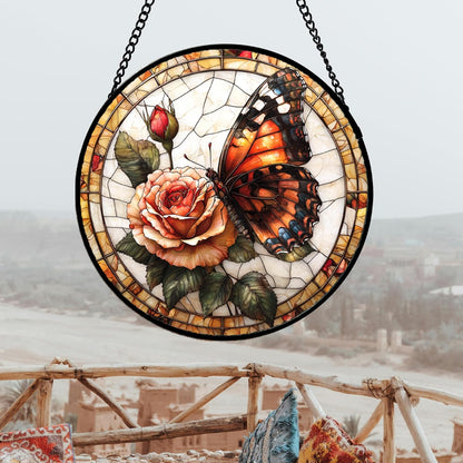 Stained Glass Window Hanging, Butterfly Picking Flowers Suncatcher for Doors Home Sun Catchers