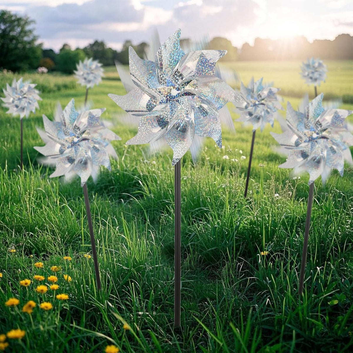 winemana 12 Pcs Reflective Pinwheels Outdoor, Wind Spinners for Yard & Garden, Sparkly Bird