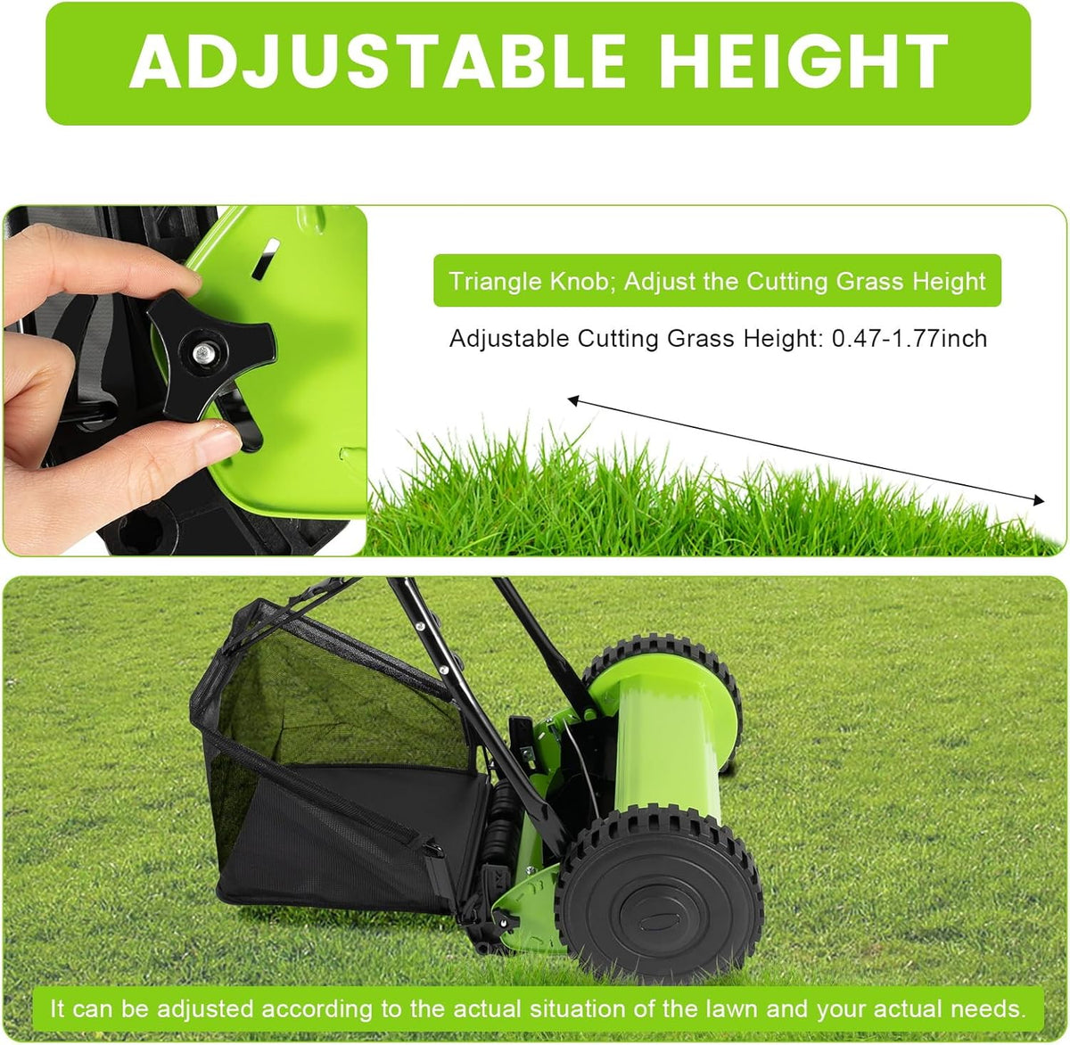 12 Inch 5-Blade Push Reel Lawn Mower, Cordless Manual Lawn Mower with Grass Catcher, Adjustable
