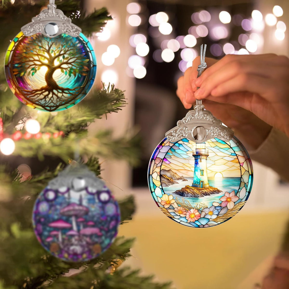 Stained Glass Suncatcher, Jocidea Lighthouse Ornament, Christmas Ornaments, Holidays Ornaments