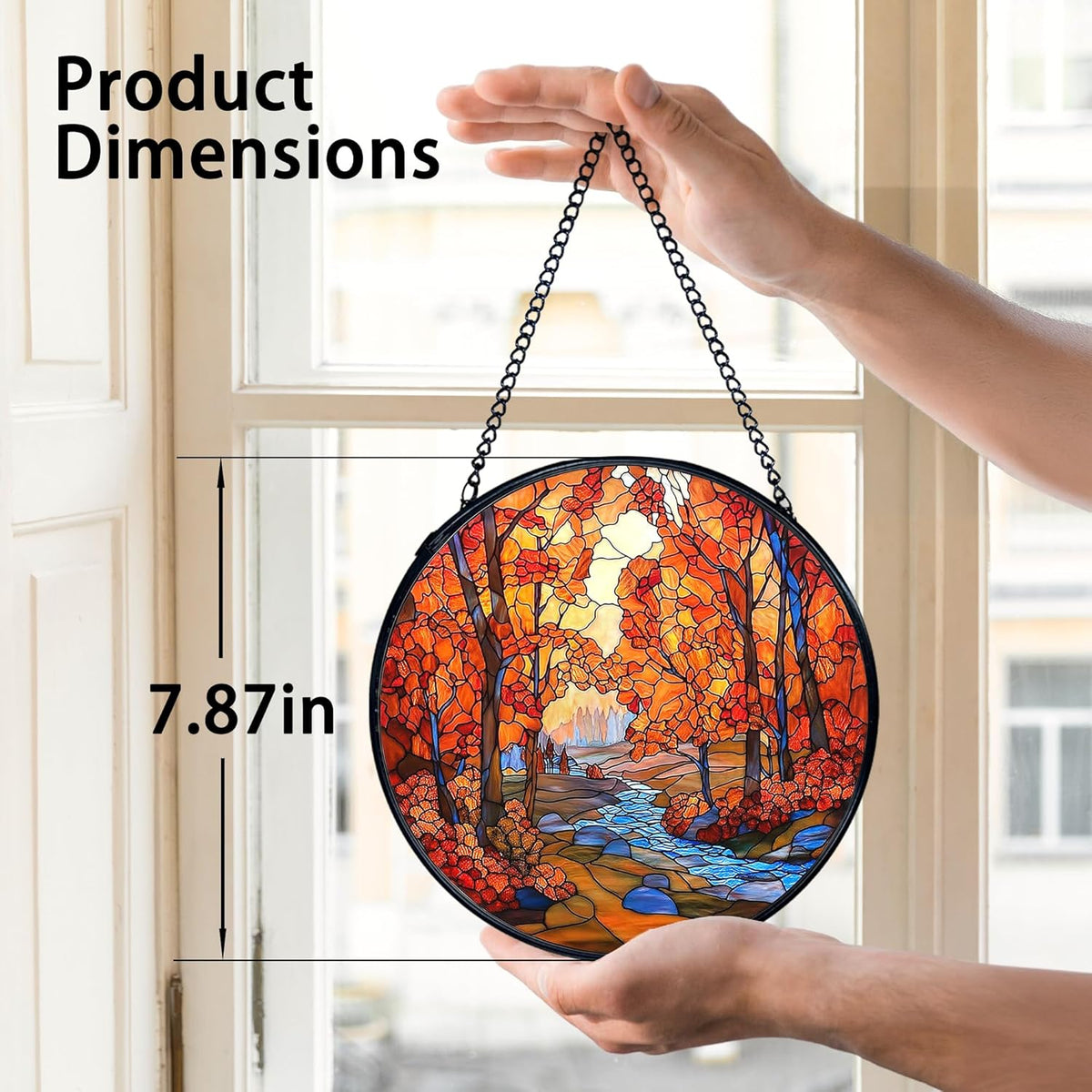 TNUW Fall Autumn Stained Glass Window Hanging, Rustic Autumn Forest Landscape Sun Catchers Indoor