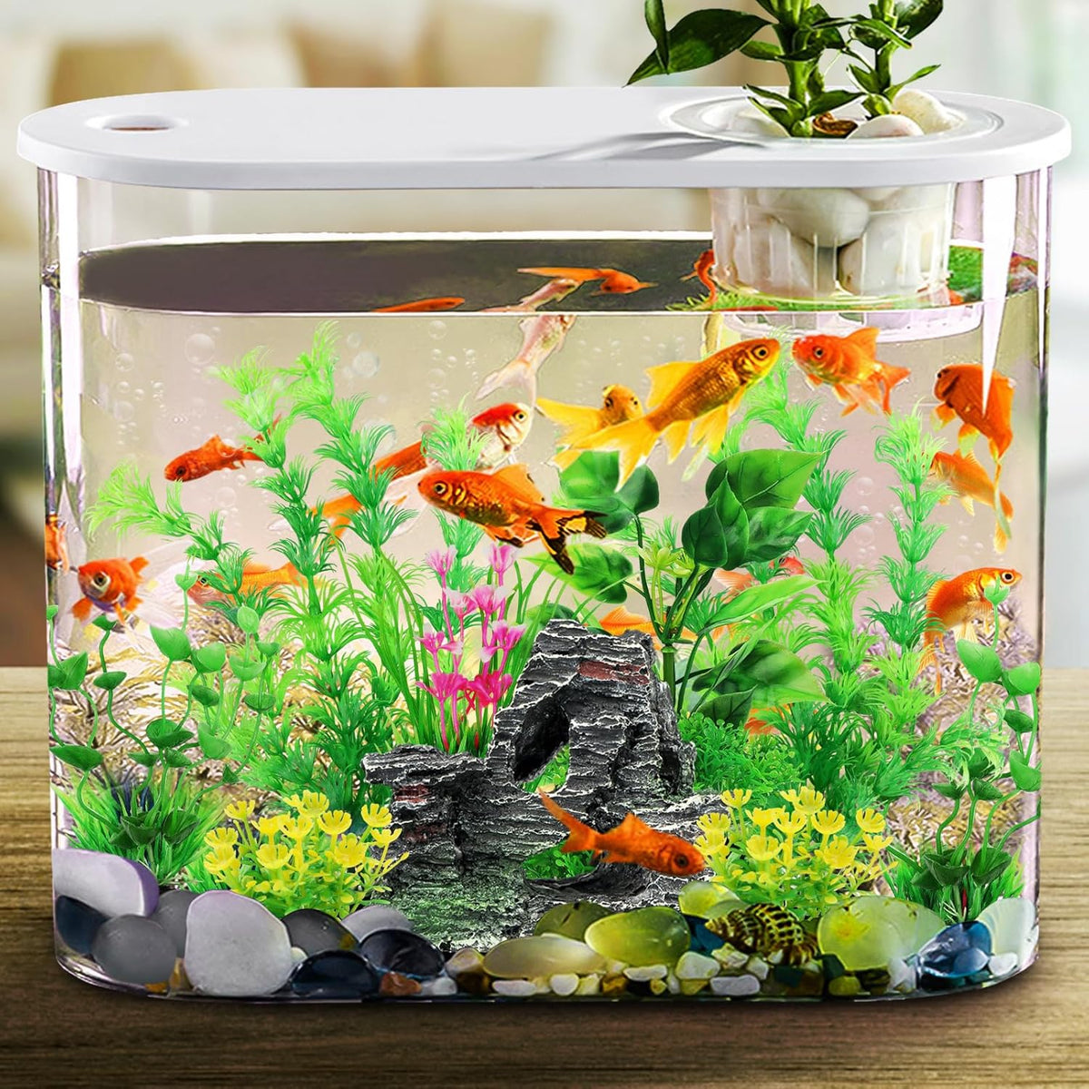 Fish Tank Accessories Artificial Plants, 9pcs Green Aquarium Decorations Plants and Cave Rock Decor