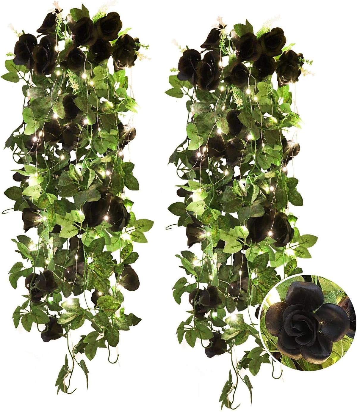 RECUTMS Hanging Flowers Black Artificial Rose Flower 2PCS 3.3Ft for Outdoors with 30 LED Fairy