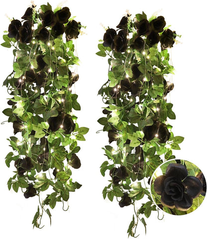 RECUTMS Hanging Flowers Black Artificial Rose Flower 2PCS 3.3Ft for Outdoors with 30 LED Fairy