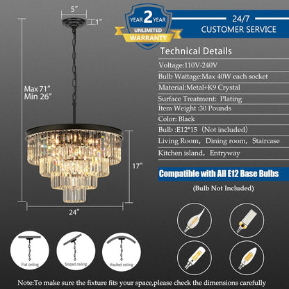 Crystal Chandeliers for Dining Room Lights Fixture Over Table, 15 Lights Black Modern Chandeliers