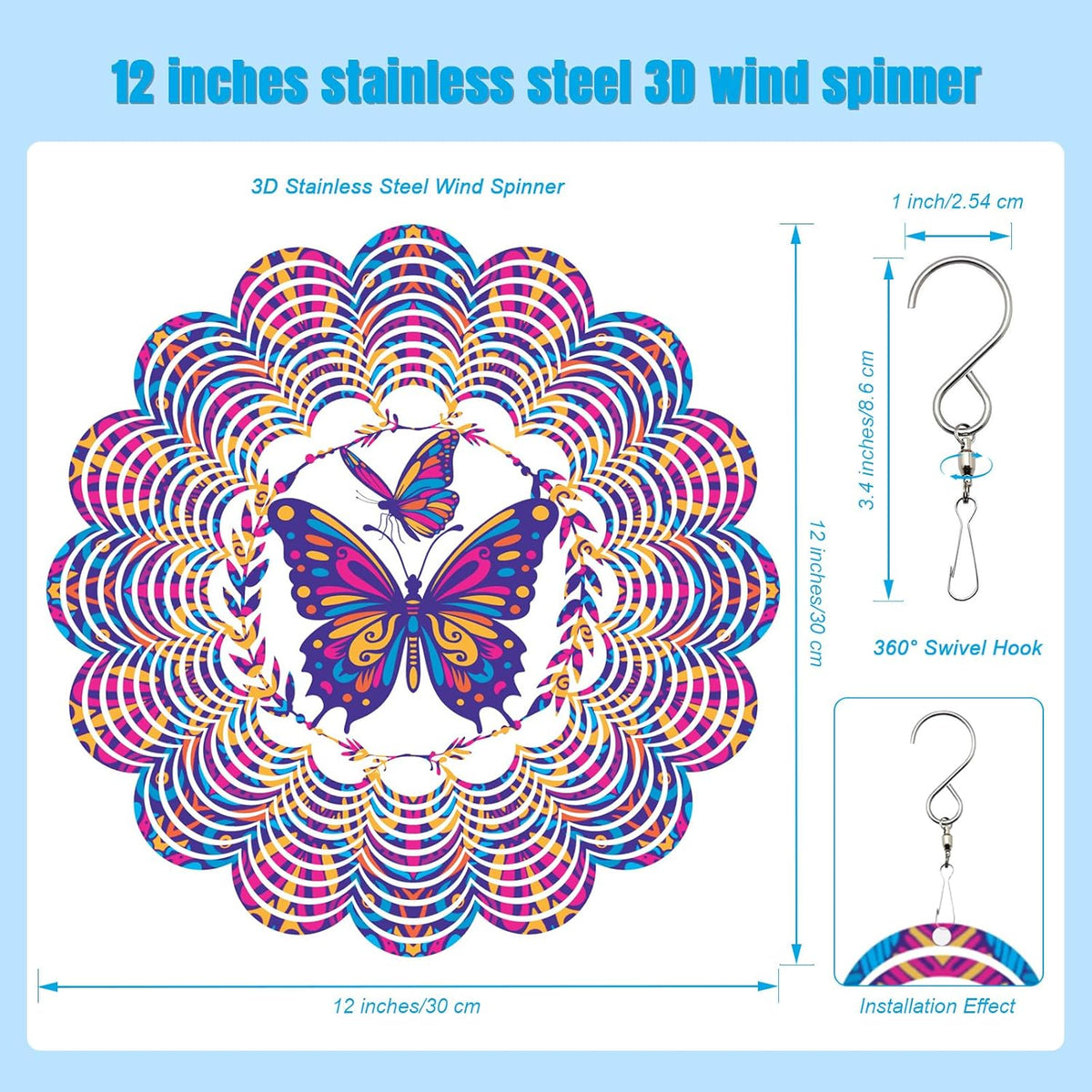 Wind Spinners Outdoor, Butterfly Metal 3D Hanging Garden Decor, 12-inch Stainless Steel Wind
