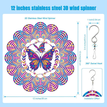 Wind Spinners Outdoor, Butterfly Metal 3D Hanging Garden Decor, 12-inch Stainless Steel Wind