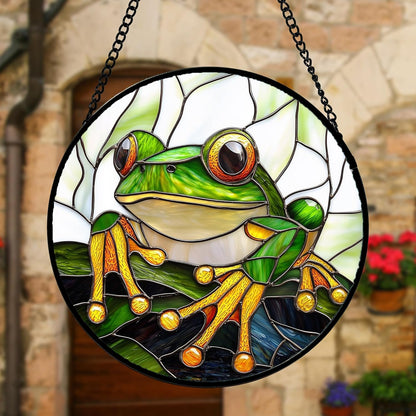 Stained Glass Window Hanging, Green Frog White Petals Sun Catchers Colorful Glass Panel Cute