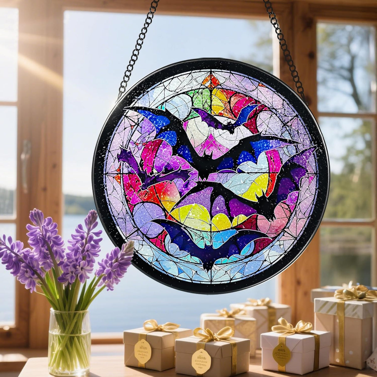 8 Inch Stained Glass Suncatcher Ornament, DOUHASU Bat Sun Catchers Indoor Window, Stained Glass