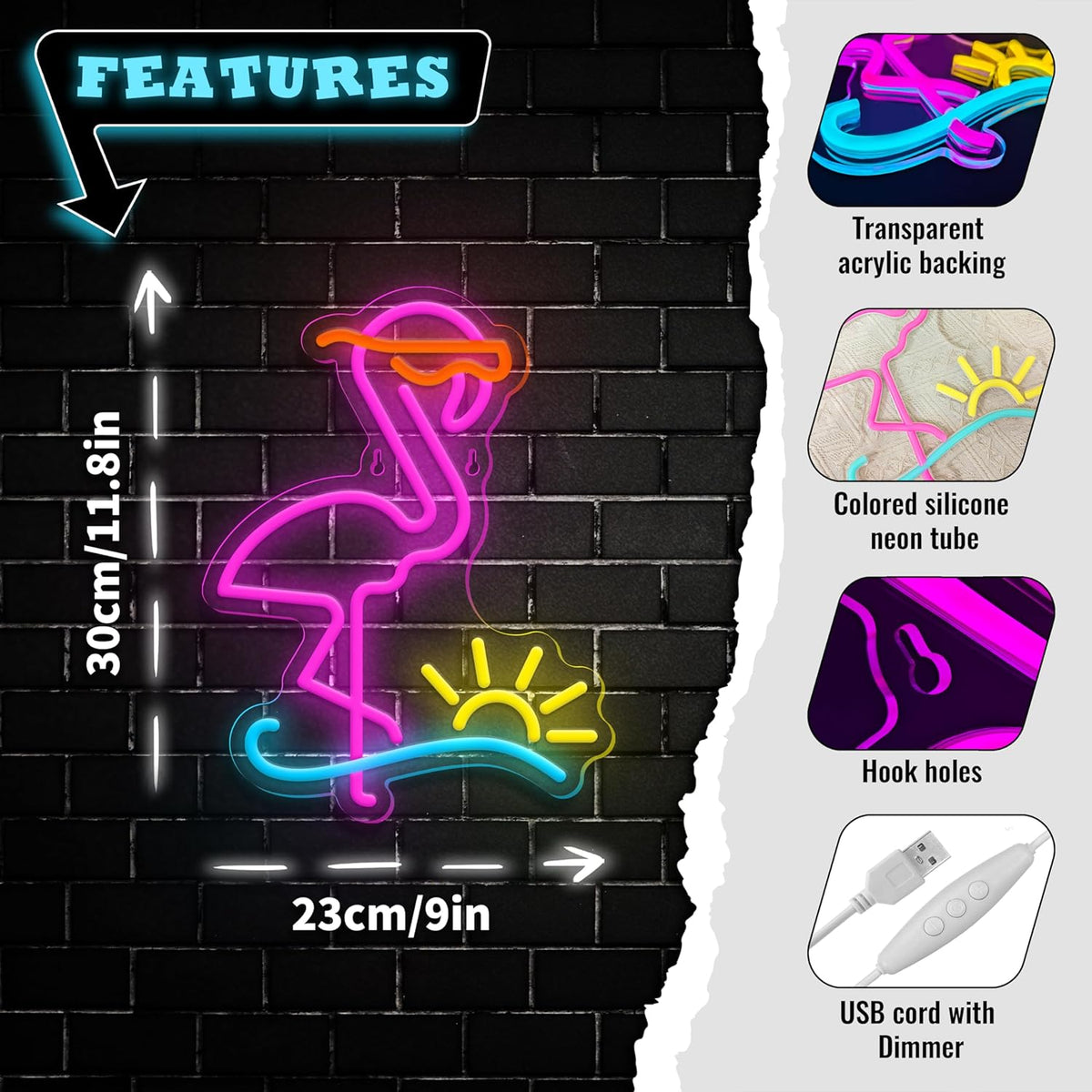 Flamingo Neon Sign Dimmable Flamingo Led Neon Lights Sun Wave Neon Signs for Bedroom Living Room