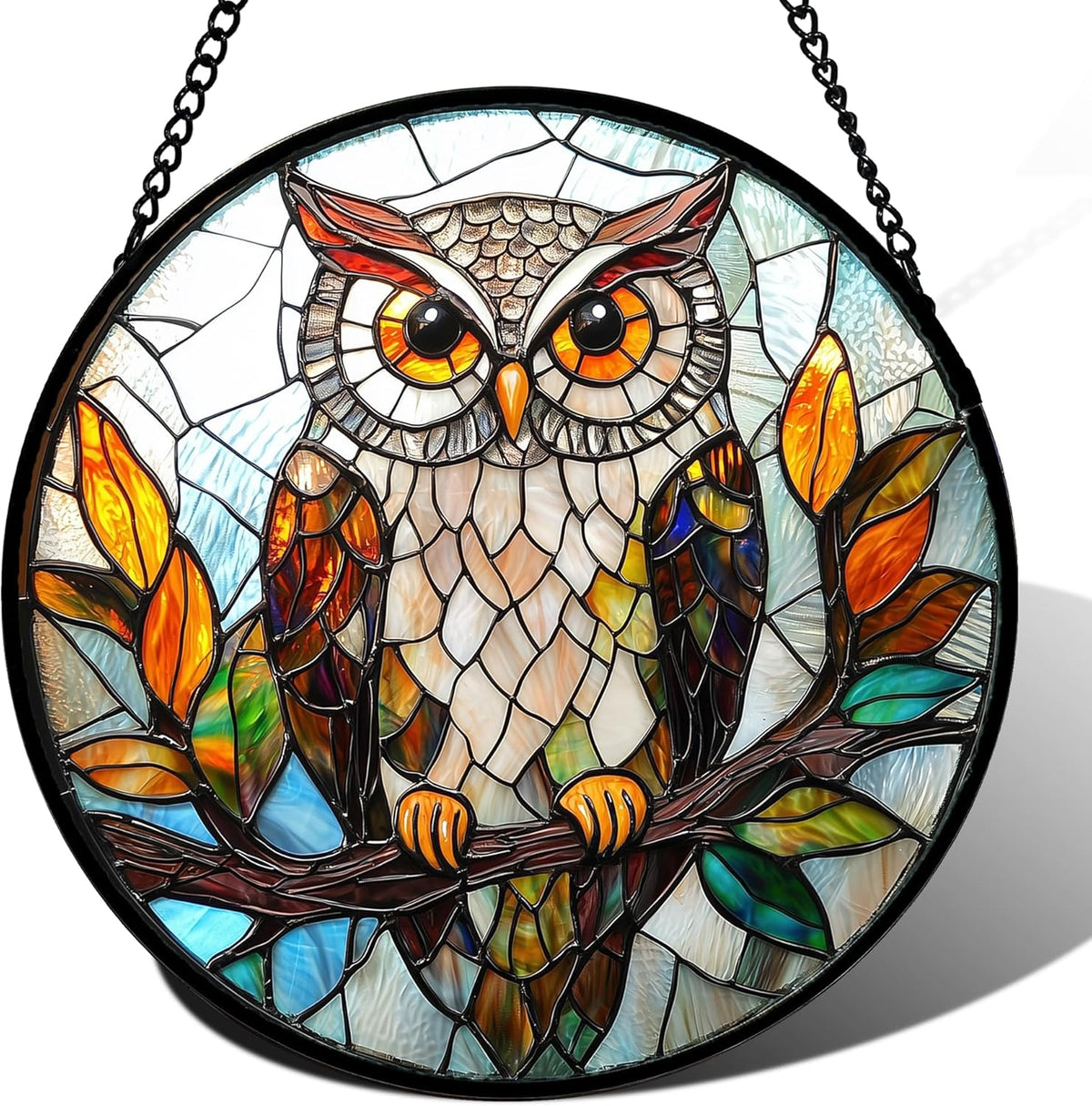 Stained Glass Window Hanging, Owl Colorful Leaves Birds Sun Catchers Diamond Glass Panel Hangings