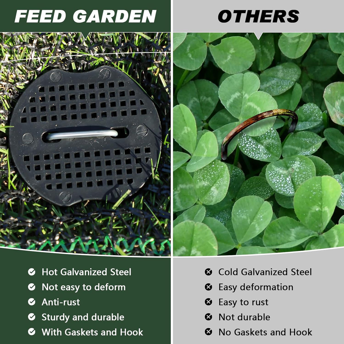 FEED GARDEN 6 Inch 200 Pcs Galvanized Landscape Staples 200 Pcs Gaskets Pick Hook Garden Stakes 11