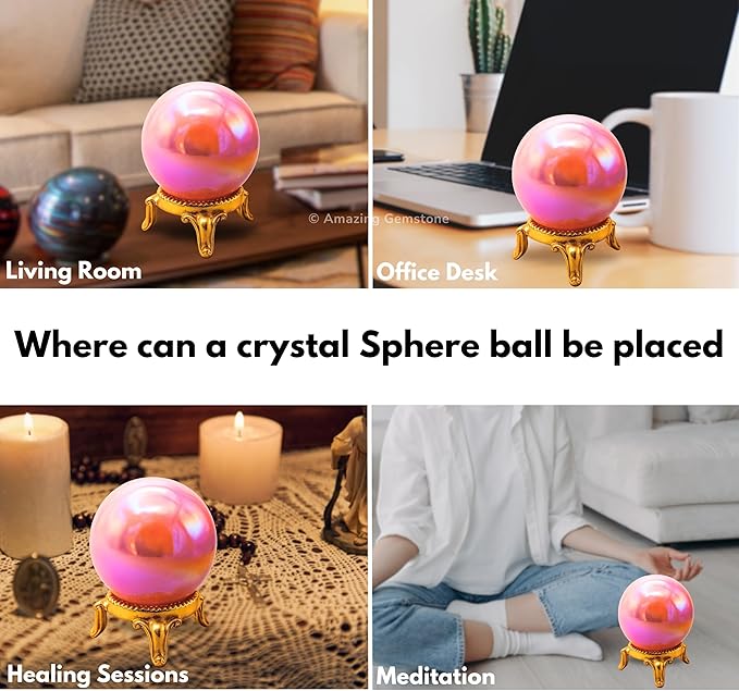 Amazing Gemstone Angel Aura Rose Quartz Crystal Ball with Stand - 2" Inches Crystal Sphere