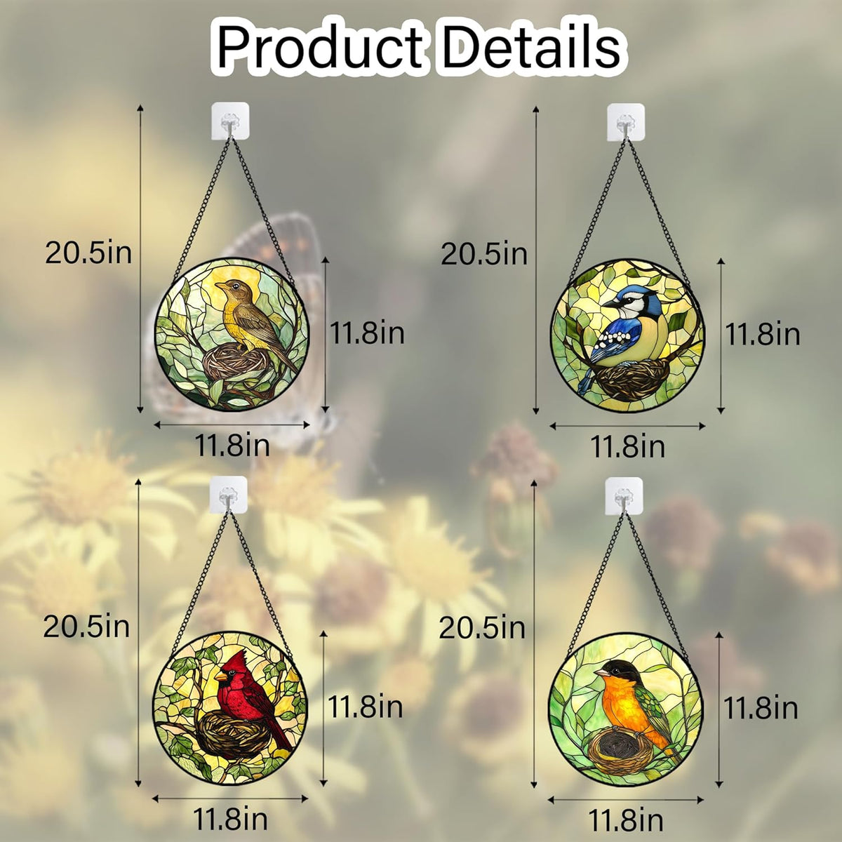 Stained Glass Window Hanging 4 Pcs Set Bird Theme On Branch Large 11.8" - Cardinal Suncatcher Door