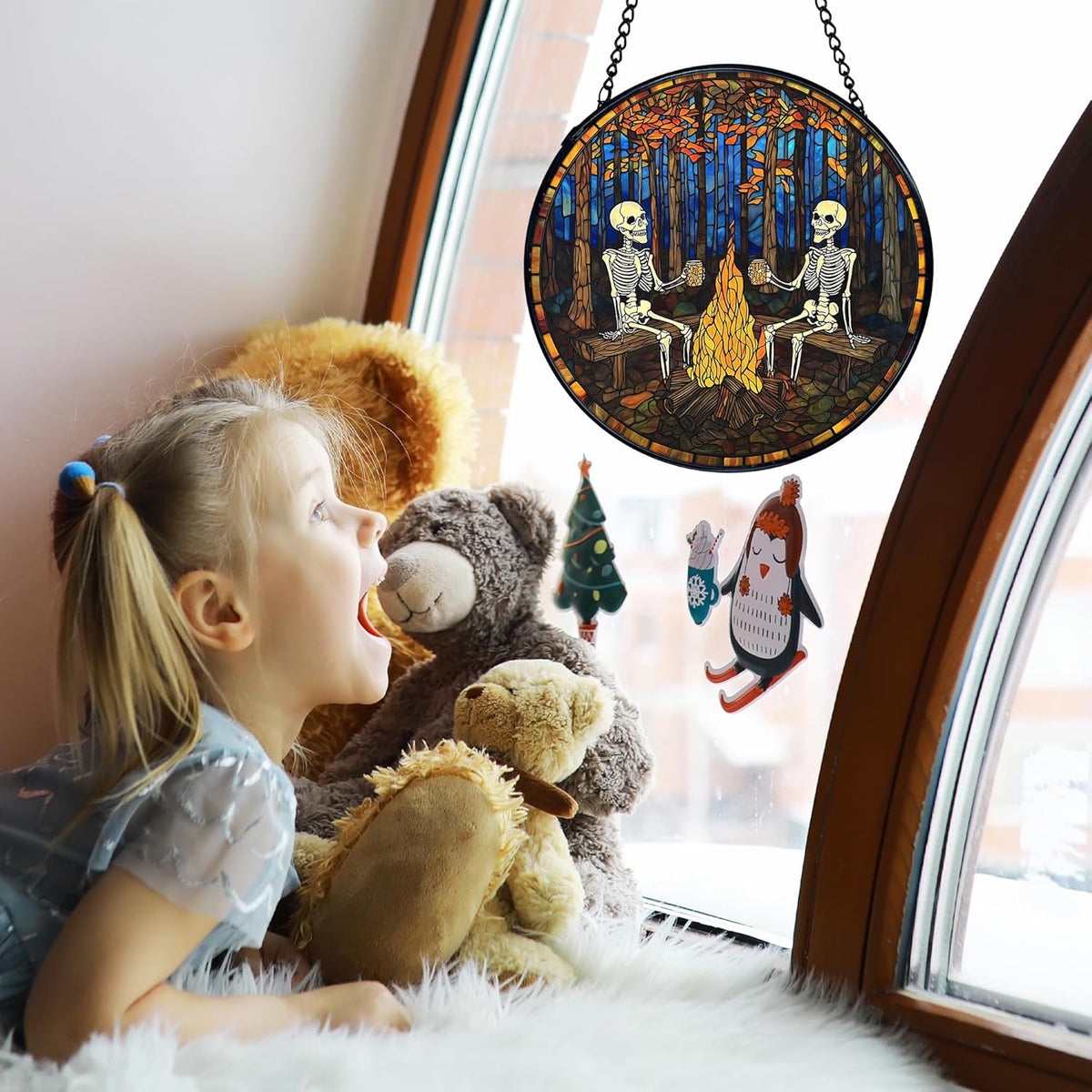 TNUW Halloween Fall Skeleton Stained Glass Window Hanging, Gothic Skeleton Autumn SunCatchers