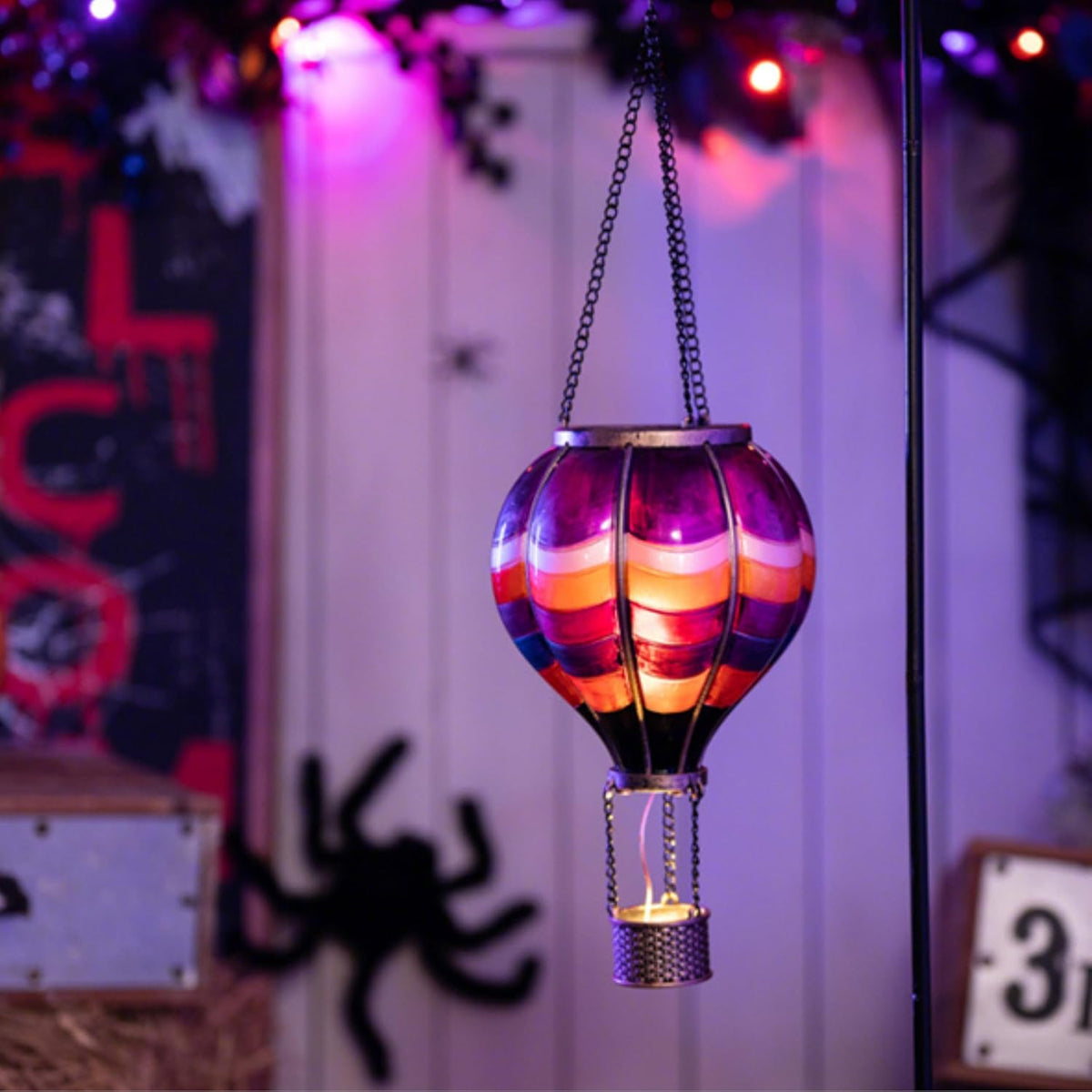 TERESA'S COLLECTIONS Hot Air Balloon Solar Lantern for Halloween Garden Decor, Flickering Flame