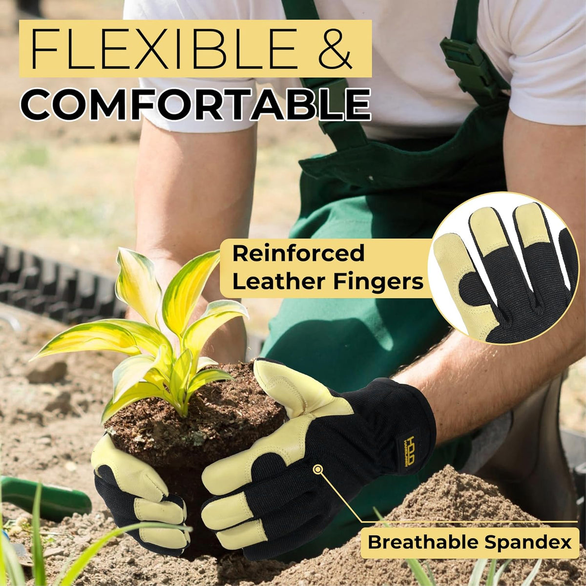 HANDLANDY Men Leather Gardening Gloves, Utility Work Gloves for Mechanics, Construction, Driver