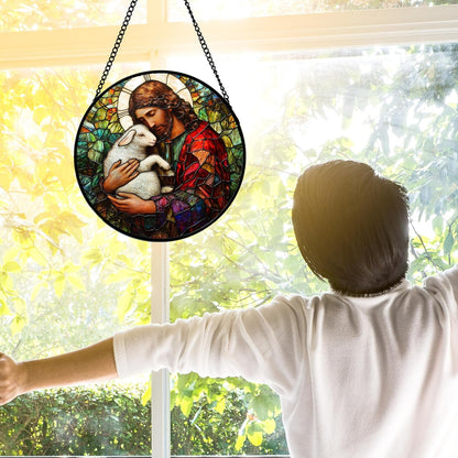 Stained Glass Window Hanging, Jesus Little Lamb Sun Catchers Colorful Glass Panel Christianity