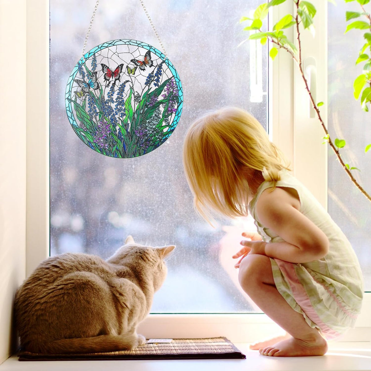 Stained Glass Window Hanging, Hand-Painted Butterfly and Flowers Suncatcher, 6 Inch Round Glass