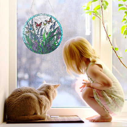 Stained Glass Window Hanging, Hand-Painted Butterfly and Flowers Suncatcher, 6 Inch Round Glass