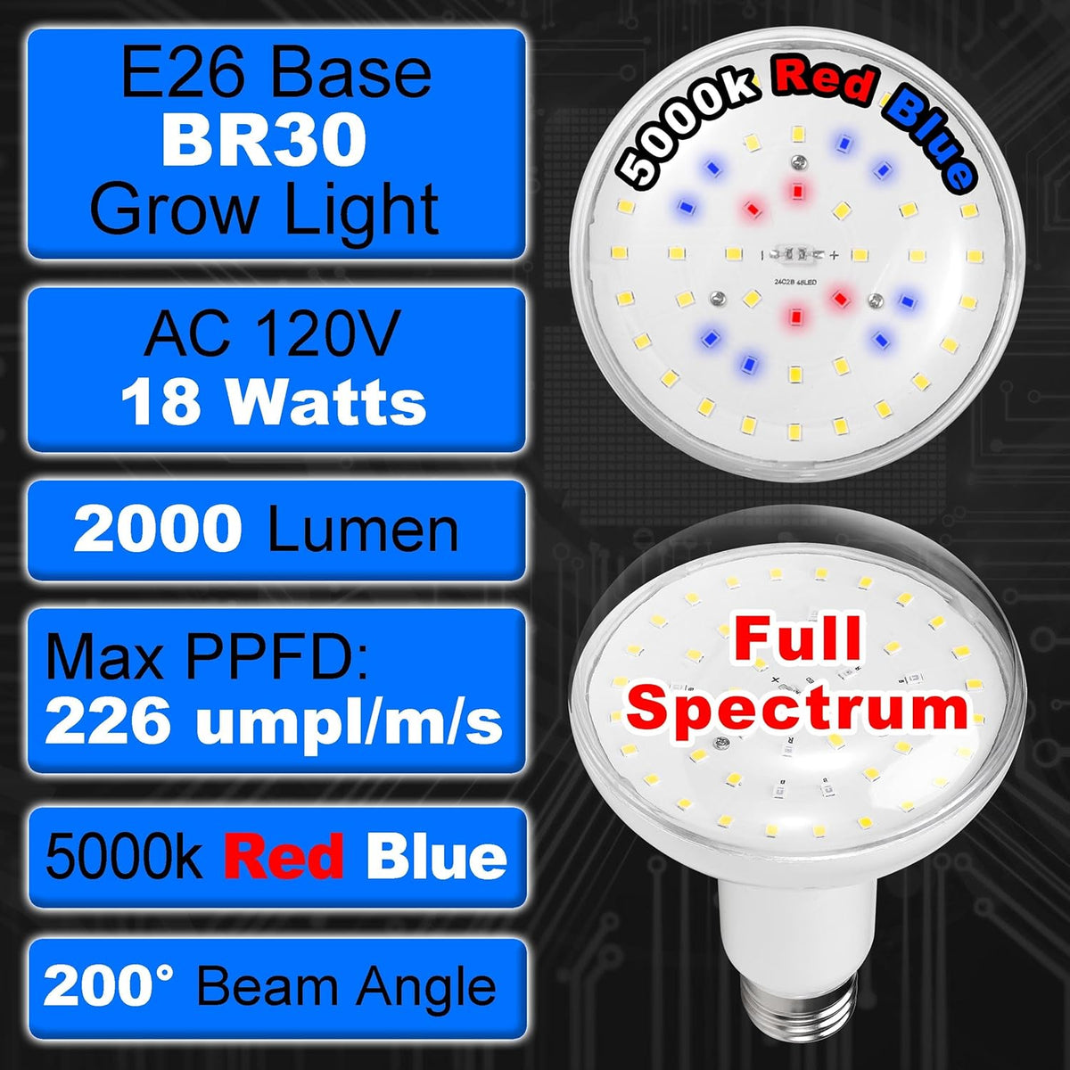 BR30 Grow Light Bulbs 18W 2000lm Full Spectrum Plant Happy Light Bulb 200W Equivalent E26 Base